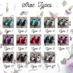May include: An assortment of fourteen pairs of miniature shoes in various colors, including teal, navy, gray, pink, red, and brown. Each pair is displayed in a small square with the text "Shoe Types" at the top.