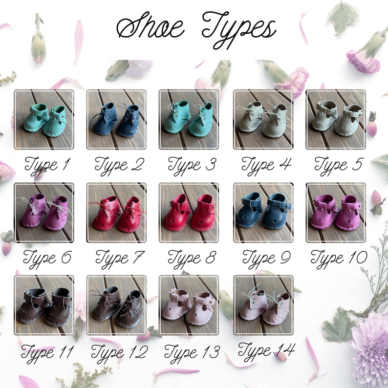 May include: An assortment of fourteen pairs of miniature shoes in various colors, including teal, navy, gray, pink, red, and brown. Each pair is displayed in a small square with the text "Shoe Types" at the top.