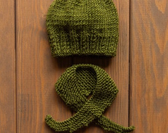 Waldorf Doll Dark Green Yarn Hat and Scarf for 16 - 14 inch Dolls | Handmade Doll Yarn Hat & Scarf