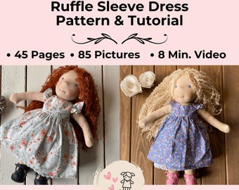 Guía completa para confeccionar vestidos con mangas con volantes para muñecas Waldorf de 16" (inspirados en la técnica Waldorf): Tutorial de 45 páginas, video de 8 minutos y patrones de vestidos.