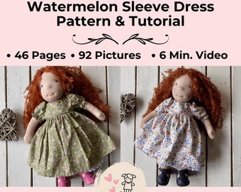 Guía completa para confeccionar un vestido con mangas de sandía para muñeca Waldorf de 16" (inspirado en la técnica Waldorf): Tutorial de 46 páginas, video de 6 minutos y patrones de vestido.