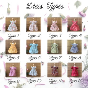 May include: Twelve doll dresses of various styles and floral patterns are displayed. Each dress is on a small mannequin, showcasing different designs labeled "Type 1" through "Type 12". The dresses feature a range of colors, including blue, red, yellow, and green.