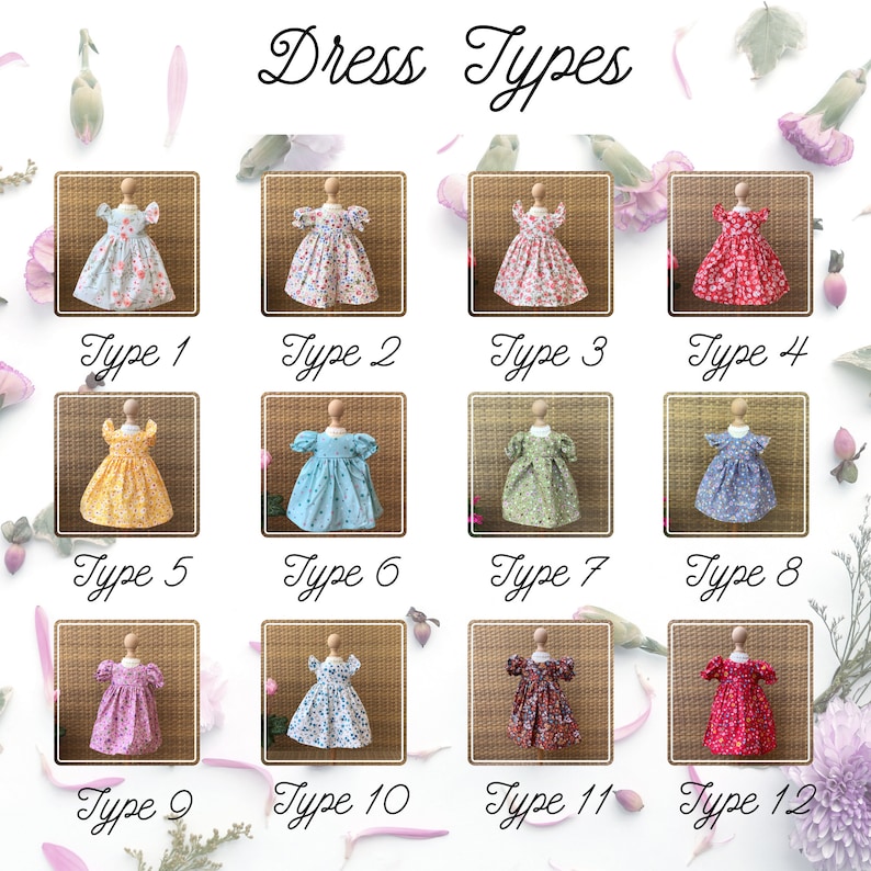 May include: Twelve doll dresses of various styles and floral patterns are displayed. Each dress is on a small mannequin, showcasing different designs labeled "Type 1" through "Type 12". The dresses feature a range of colors, including blue, red, yellow, and green.