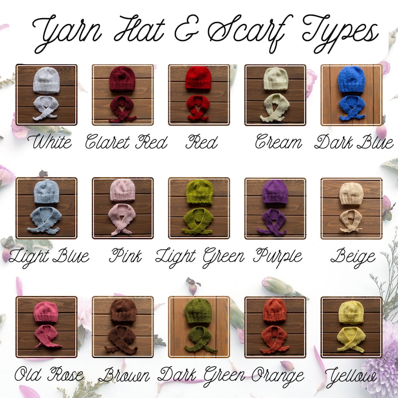 May include: An assortment of yarn hats and scarves in various colors, including white, claret red, red, cream, and dark blue. The image displays the different color options available, with each set neatly arranged on a wooden surface. The text "Yarn Hat & Scarf Types" is at the top.