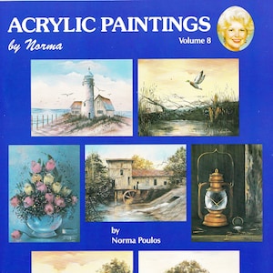 May include: A book cover for acrylic painting patterns, titled "Acrylic Paintings" by Norma Poulos, Volume 8. The cover features seven different paintings, including a lighthouse, a mill, a lantern, and a farmhouse. The book includes 7 full-size patterns on pull-out sheets.