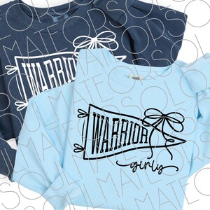 Warrior Girly SVG PNG – Retro Game Day Pennant with Bow – Black & White PNG Mascot Graphic for Cricut – Bonus Game Day Babe Design