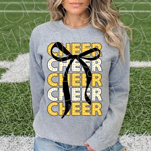 Cheer PNG, Gold Coquette Sports Cheer Bow Basketball Football Baseball Shirt Png, Game day Digital Download, Cutecore Stacked Design File