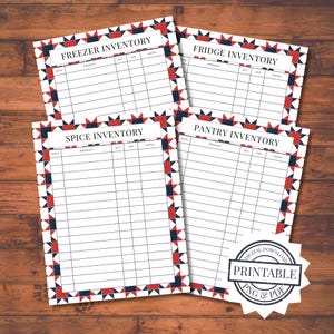May include: Four printable inventory sheets for freezer, fridge, spice, and pantry organization. Each sheet has a white background with a red, white, and blue star pattern border. The sheets are labeled with the inventory type and include columns for date, product, quantity, expiration, and notes.