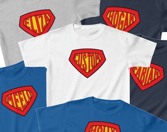 Custom Superhero Kids T-shirt, Personalized Super Hero Boy Name Shirt, Birthday Girl Name Or Word Tee