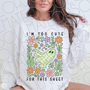Too Cute for This Sheet PNG – Funny Mint Gingham Ghost with Flowers – Halloween Sublimation for Teens or Teachers – Pastel Ghost Clipart