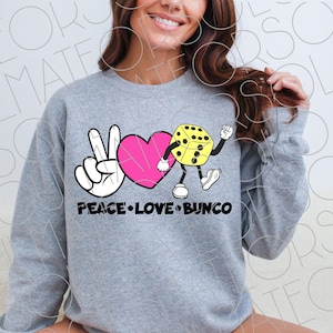 Peace Love Bunco PNG File Instant Download, Bunco Printable PNG Retro Bunco Dice Mascot PNG, Peace Heart Bunco Shirt Design For Game Night