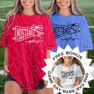Mustang Girly SVG PNG – Retro Game Day Pennant with Bow – Black & White PNG Mascot Graphic for Cricut – Bonus Game Day Babe Design