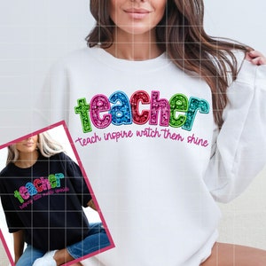 Teacher Faux Glitter Sequin Varsity Png, Teachers Disco Faux Embroidery Sequins Shirt Design, Teacher Faux Sequin Applique Png Bundle