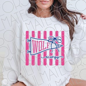 May include: White sweatshirt with a pink and blue graphic. The graphic features the word "WOLF" inside a pennant shape, with a bow and the word "energy" in a script font. Vertical pink stripes are behind the pennant.