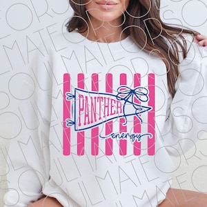 May include: White sweatshirt with a pink and blue graphic. The design features a pennant with the word "PANTHER" in blue, a blue bow, and the word "energy" in a script font. Vertical pink stripes are behind the pennant.