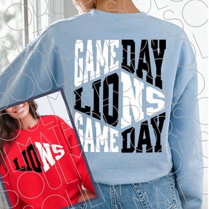 Lions SVG, Lions PNG, Game Day Svg, Game Day Png,  Retro Sports Front and Back Football Shirt Png, Black And White Gameday Vibes Download