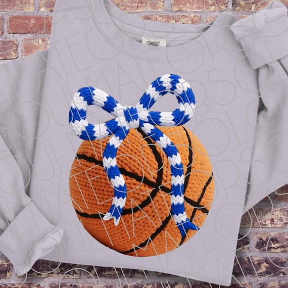 Faux Yarn Basketball Bow PNG | Knit Coquette Game Day Design | Royal Blue White Team Spirit | Digital Download