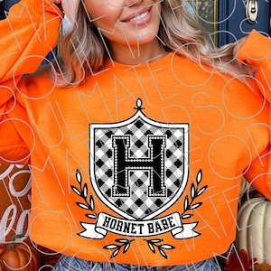 Hornet Babe PNG – Preppy Mascot Crest Design – Black and White Gingham Varsity Letter Sublimation for Spirit Wear, Tote, or Tee