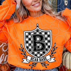 Bear Babe PNG – Preppy Mascot Crest Design – Black and White Gingham Varsity Letter Sublimation for Spirit Wear, Tote, or Tee
