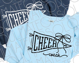 Cheer Coach SVG PNG, Retro Pennant with Bow, Team Spirit Shirt Design, Game day Coach Sublimation Graphic, Cheer Svg for DIY