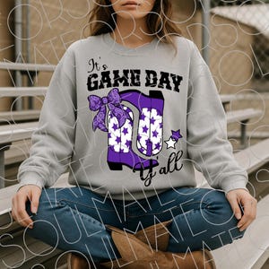 Purple It’s Game Day Y’all PNG, Western Cowgirl Boots Southern Football Shirt Design