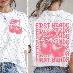 1st grade Teacher Png, Vintage Pink Coquette Cherry First Grader Png Bundle: Sublimation Designs for Back To School Girls Front & Back Png