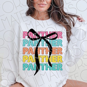 Panther PNG, Coquette School Mascot Game Day Png, Bright Back to School Retro Sports Football Shirt Png, Basketball Bow Cheer Png Download