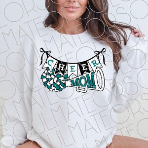Cheer Mom PNG, Coquette Bow Pom Pom Game Day Png, Teal Black White Retro Sports Cheer Png For Moms, Instant Digital Download Clipart Design