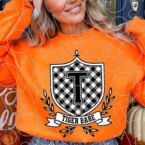 Tiger Babe PNG – Preppy Mascot Crest Design – Black and White Gingham Varsity Letter Sublimation for Spirit Wear, Tote, or Tee