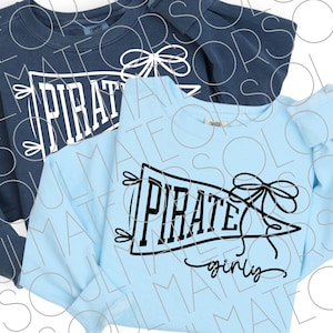 Pirate Girly SVG PNG – Retro Game Day Pennant with Bow – Black & White PNG Mascot Graphic for Cricut – Bonus Game Day Babe Design