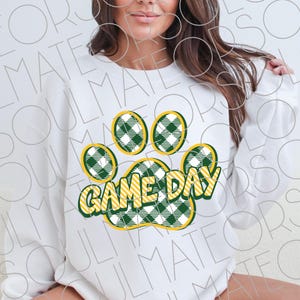 Game Day PNG Green and Gold Paw Print | Gingham School Spirit Sublimation Design | Football Basketball Cheer Digital Download