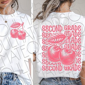 2nd grade Teacher Png, Vintage Pink Coquette Cherry Second Grader Png Bundle: Sublimation Designs for Back To School Girls Front & Back Png