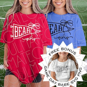 Bear Girly SVG PNG – Retro Game Day Pennant with Bow – Black & White PNG Mascot Graphic for Cricut – Bonus Game Day Babe Design