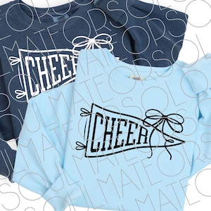 Cheer SVG PNG, Retro Pennant with Bow for Cricut, Cheer Shirt Design, Game Day Sublimation, Black and White Cheer Graphic
