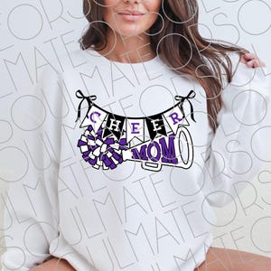 Cheer Mom PNG, Coquette Bow Pom Pom Game Day Png, Purple White Retro Sports Cheer Png For Moms, Instant Digital Download Clipart Design