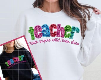 Teacher Faux Glitter Sequin Varsity Png, Teachers Disco Faux Embroidery Sequins Shirt Design, Teacher Faux Sequin Applique Png Bundle