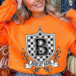 Bobcat Babe PNG – Preppy Mascot Crest Design – Black and White Gingham Varsity Letter Sublimation for Spirit Wear, Tote, or Tee