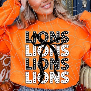 Lions PNG, Coquette School Mascot Game Day Png, Black and White Back to School Retro Sports Football Shirt Png, Basketball Bow Cheer Png