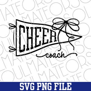 May include: Black pennant-shaped design with the word "CHEER" in bold letters and "coach" in script. A decorative bow and ribbons are attached to the pennant. The words "SVG PNG FILE" are at the bottom.