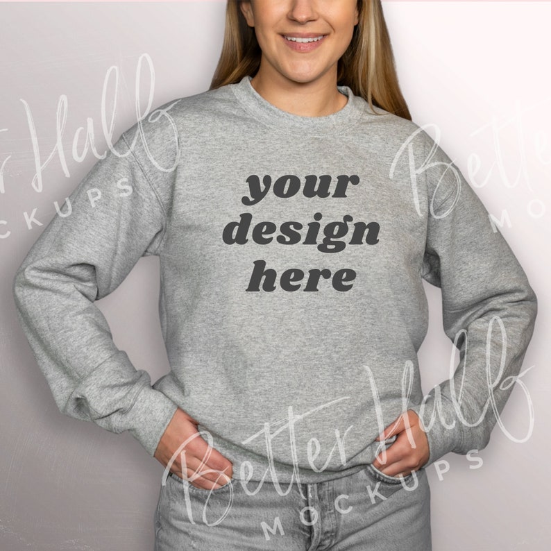 Download Grey Sweatshirt Model Mock up Grey Gildan Sweatshirt ...