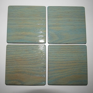 Hardwood Coasters - 4” - Set of 4 - Stained Red Oak (Vintage Aqua)