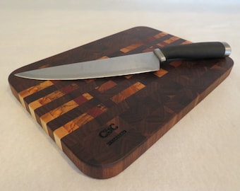 Black Walnut/Teak/Bubinga/Cherry/Olivewood/Spalted Hackberry/Canarywood End Grain Exotic Hardwood Cutting Board - 11 3/4” x 8 1/4” x 3/4”