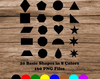 Basic Shapes Clipart, PNG, Colors, 2D Vector Shapes, Square, Triangle, Circle, Hexagon, Octagon SVG, Drawing, Scrapbooking, PNG, 300dpi