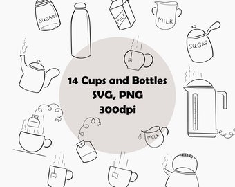 Drinks and Cups Clipart - Tea, Coffee, Milk, Sugar, Kettle, Bottle - SVG, PNG - Vessels Bundle - Lines, Illustration Black
