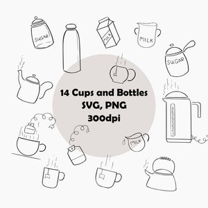 Drinks and Cups Clipart - Tea, Coffee, Milk, Sugar, Kettle, Bottle - SVG, PNG - Vessels Bundle - Lines, Illustration Black