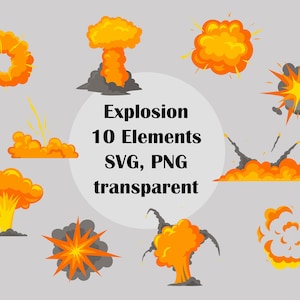 Op de afbeelding: Een set van 10 cartoon-explosie-elementen in oranje en geel met zwarte rook. De elementen zijn in verschillende vormen en maten, waaronder een paddenstoelwolk, een ring en een uitbarsting. De tekst "Explosion 10 Elements SVG, PNG transparent" staat in het midden van de afbeelding.
