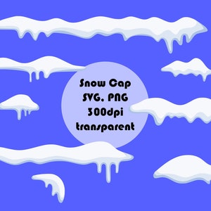 Puede incluir: Un conjunto de ocho ilustraciones de gorros de nieve blancos con carámbanos que gotean sobre un fondo azul. El texto "Snow Cap SVG. PNG 300dpi transparent" está en el centro de la imagen.