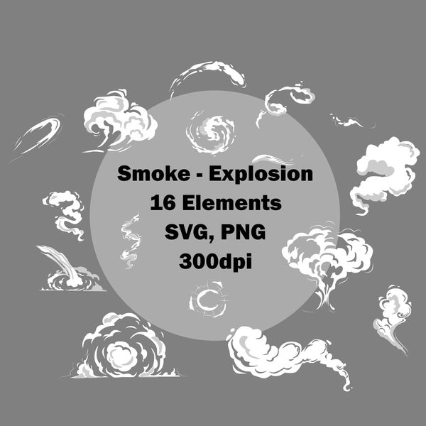 Rauch, Wolke Clipart 6 verschiedene Farben, 16 Elemente - Explosion - Gift - Rauchwolke - Dust Wind - PNG, SVG - Staub Gas digital download