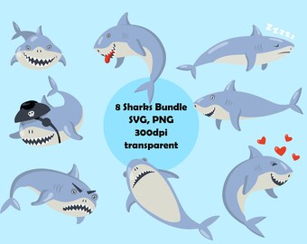 Shark clipart cartoon - 8 images - SVG, PNG - sea - fish - kids - graphics - image - digital instant download - image file
