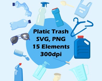 Plastic Garbage Clipart - 15 Elements - SVG, PNG - Pollution - Ocean - Marine Pollution - Plastic Bottle - Bottle - Plastic Spoon